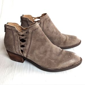 BORN taupe leather lattice crisscross heeled ankle booties